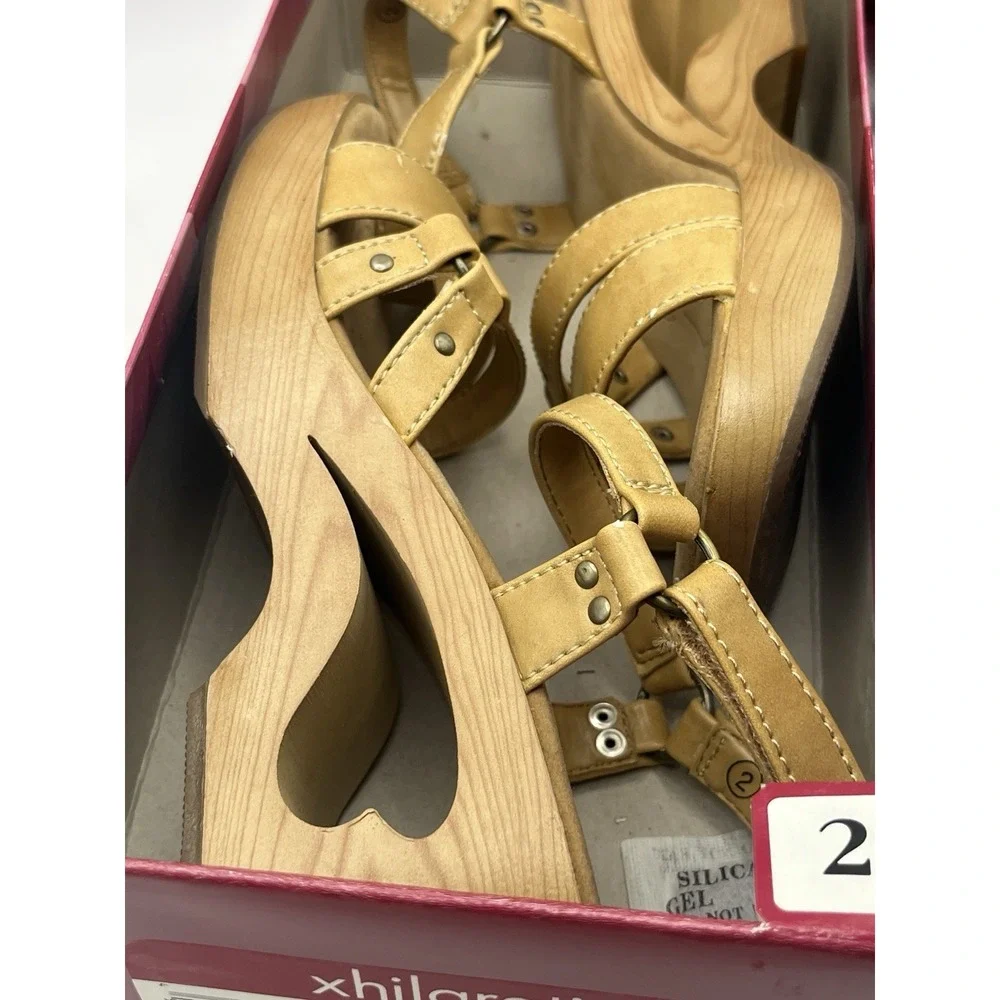Xhilaration Nixie Tan Platform Wedge Sandals Size 2 Y2K Wood Look Heel